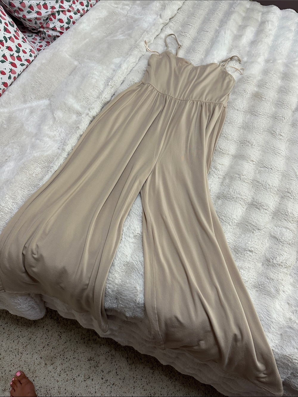 Aritzia Neutral Beige Wide-Leg Spaghetti Strap Jumpsuit